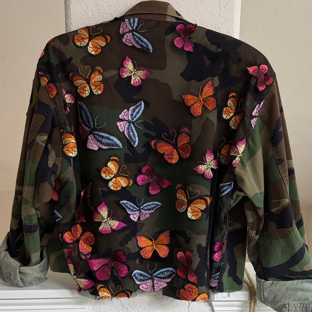 Camouflage Jacket with Colorful Butterfly Embroidery